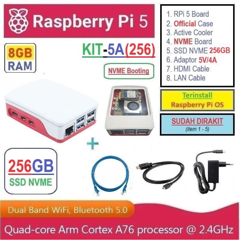 KIT-5A(256)  Raspberry Pi 5 (8GB RAM) KIT NVME SSD 256GB - Complete SET SIAP PAKAI